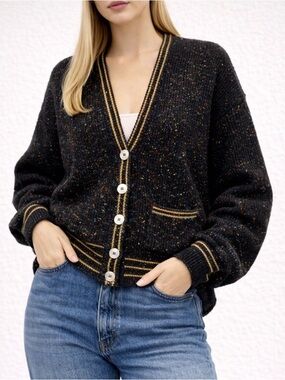 Vintage 80s Liz Claiborne LizWear Wool Varsity Cardigan Black Speckle Size Small